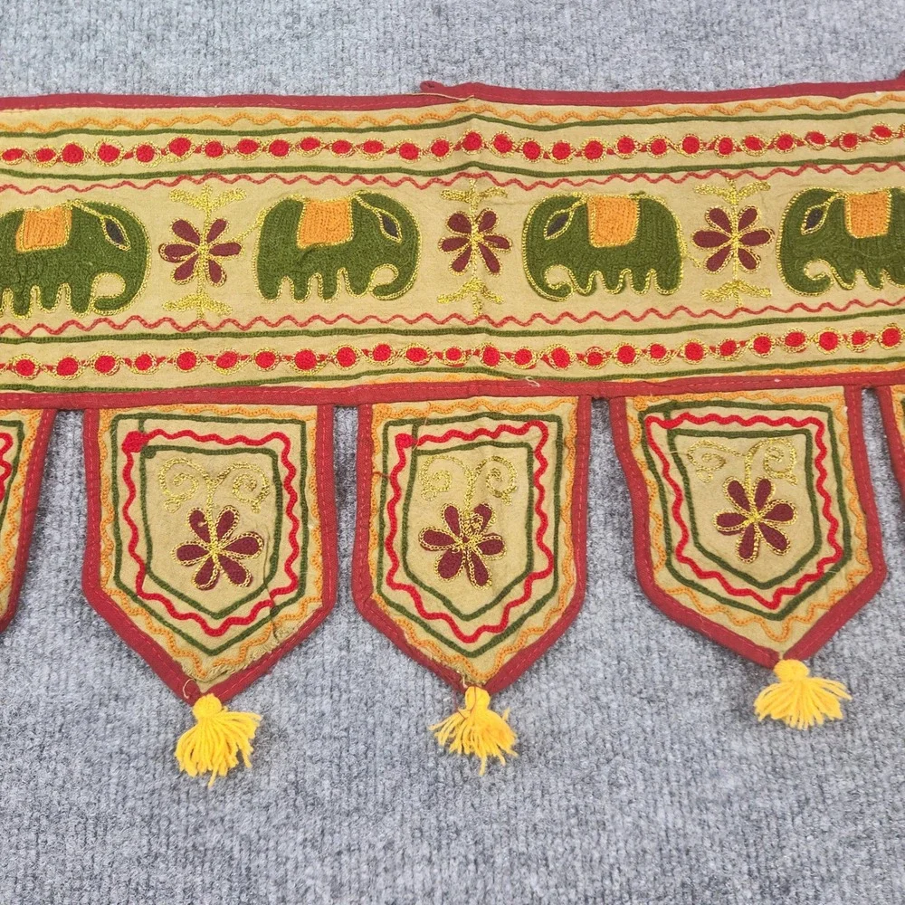 Indian Toran Door Hanging Embroidered Green Elephant Tassel Wall Decor 34x11